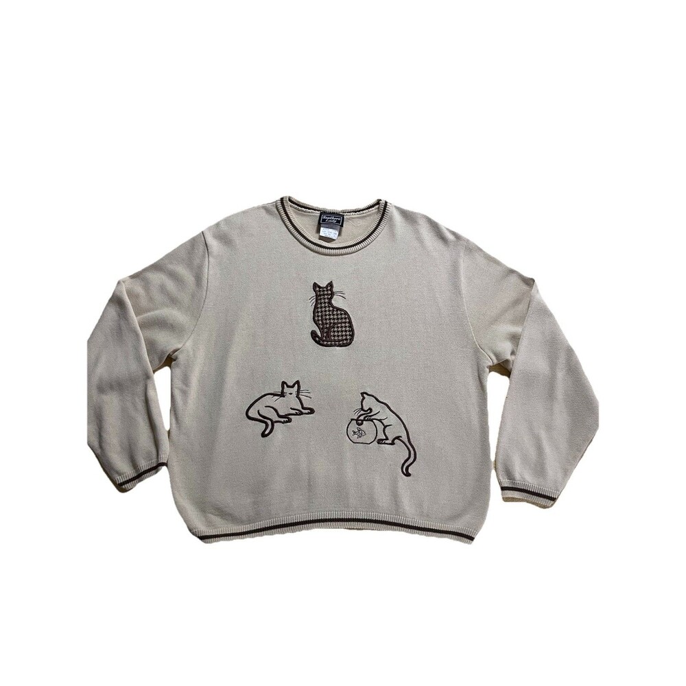 Vintage Sweater Southern Lady Cats Fish Bowl plaid Country Cat Lady kitten XL